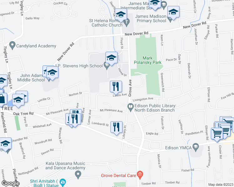 map of restaurants, bars, coffee shops, grocery stores, and more near 61 Laura Avenue in Edison