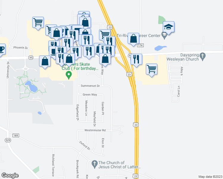 map of restaurants, bars, coffee shops, grocery stores, and more near 340 James Way in Marion