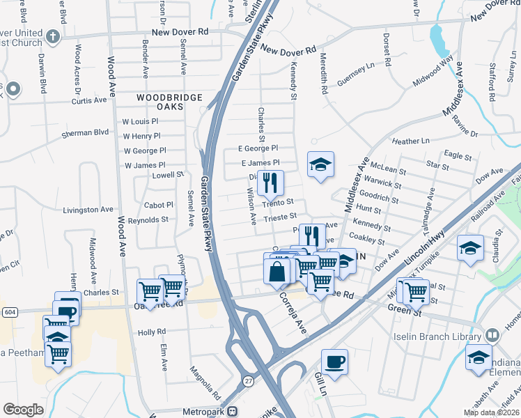 map of restaurants, bars, coffee shops, grocery stores, and more near 63 Trento Street in Woodbridge Township