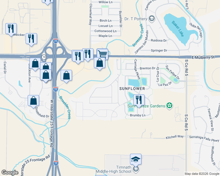 map of restaurants, bars, coffee shops, grocery stores, and more near 825 Vitala Drive in Fort Collins