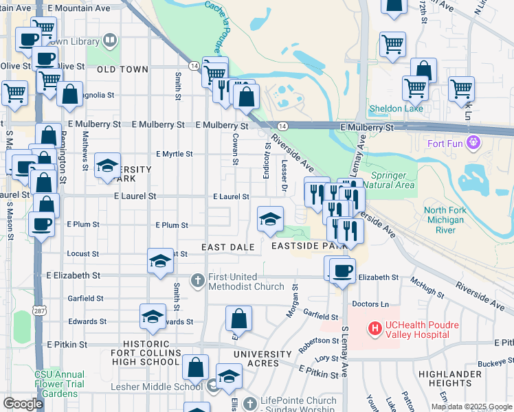map of restaurants, bars, coffee shops, grocery stores, and more near 823 East Laurel Street in Fort Collins