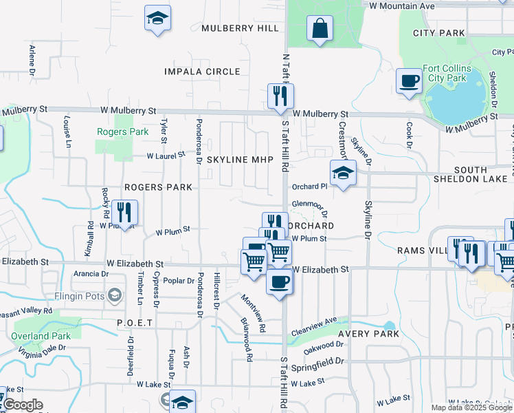 map of restaurants, bars, coffee shops, grocery stores, and more near 2200 Orchard Place in Fort Collins