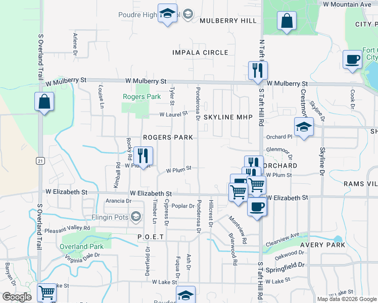 map of restaurants, bars, coffee shops, grocery stores, and more near 804 Gallup Road in Fort Collins