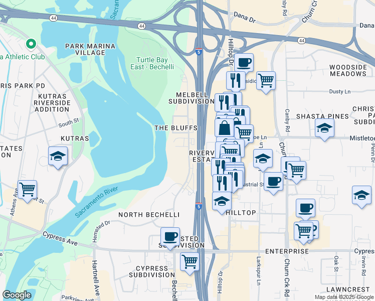 map of restaurants, bars, coffee shops, grocery stores, and more near 2065 Bechelli Lane in Redding