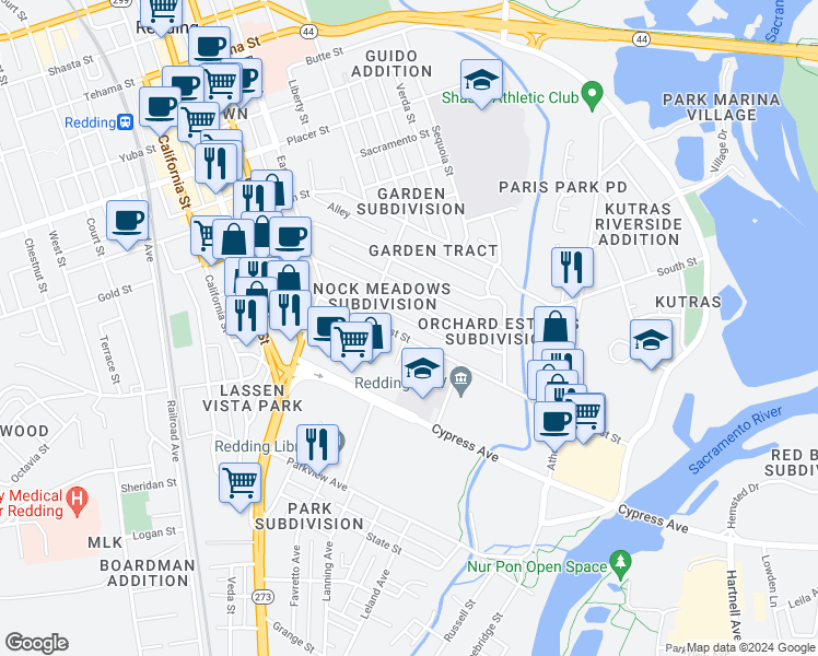 map of restaurants, bars, coffee shops, grocery stores, and more near 815 Lincoln Street in Redding