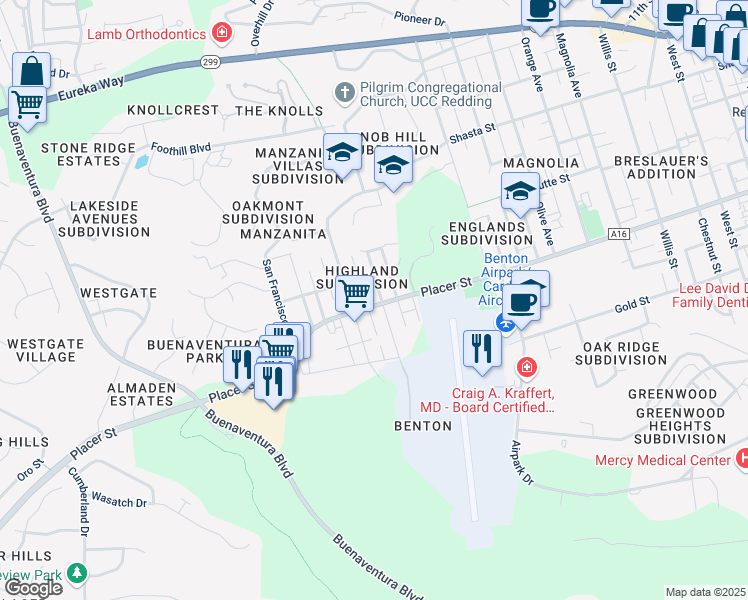 map of restaurants, bars, coffee shops, grocery stores, and more near 1655 Mesa Street in Redding