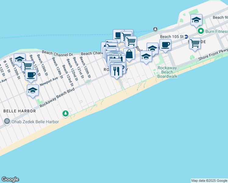 map of restaurants, bars, coffee shops, grocery stores, and more near 1-47 Beach 117th Street in Queens