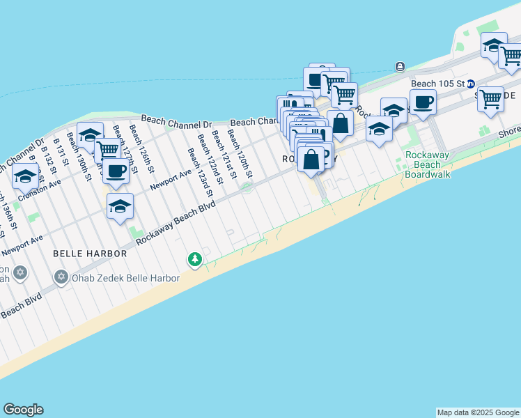 map of restaurants, bars, coffee shops, grocery stores, and more near 1-79 Beach 120th Street in Queens