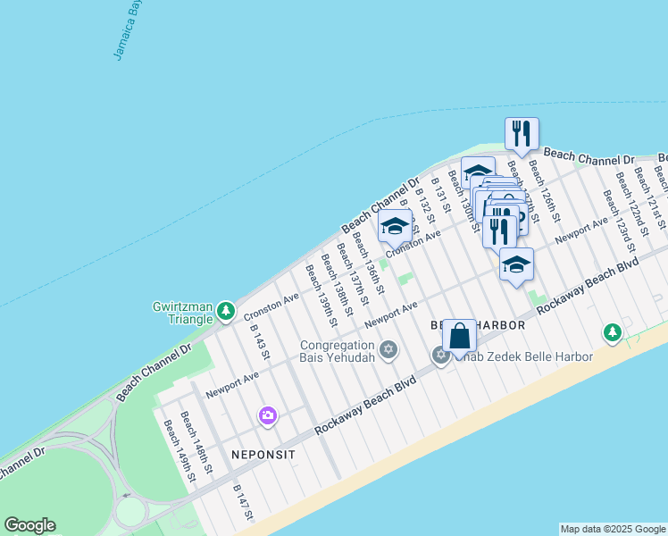 map of restaurants, bars, coffee shops, grocery stores, and more near 514 Beach 137th Street in Queens