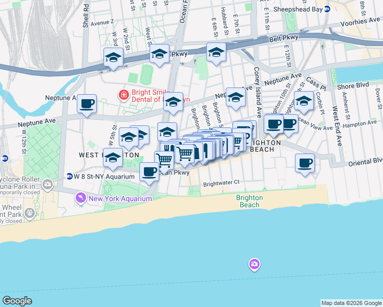map of restaurants, bars, coffee shops, grocery stores, and more near 3040 Brighton 3rd Street in Brooklyn