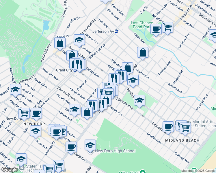 map of restaurants, bars, coffee shops, grocery stores, and more near 31 Grant Place in Staten Island