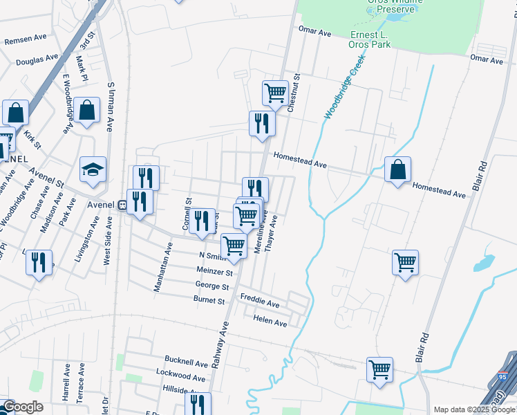 map of restaurants, bars, coffee shops, grocery stores, and more near 1065 Rahway Avenue in Woodbridge Township