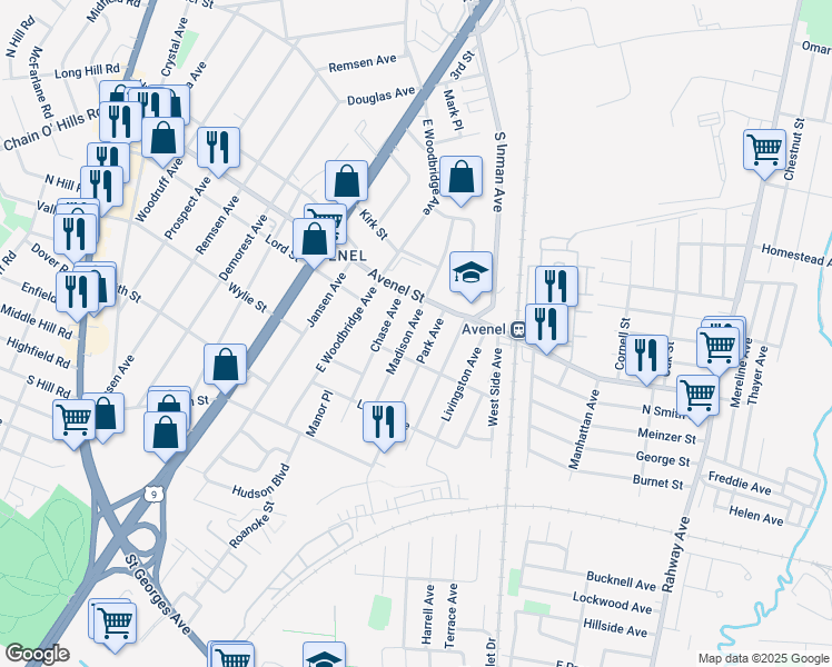 map of restaurants, bars, coffee shops, grocery stores, and more near 4 Madison Avenue in Woodbridge Township