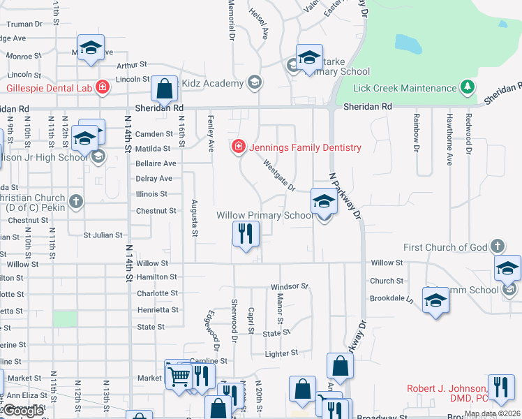 map of restaurants, bars, coffee shops, grocery stores, and more near 1248-1268 Florence Avenue in Pekin