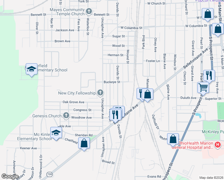 map of restaurants, bars, coffee shops, grocery stores, and more near 619 Davids Street in Marion