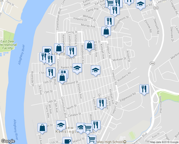 map of restaurants, bars, coffee shops, grocery stores, and more near 1701 Alcoa Drive in New Kensington