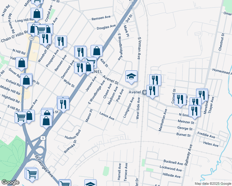 map of restaurants, bars, coffee shops, grocery stores, and more near 4 Madison Avenue in Woodbridge Township