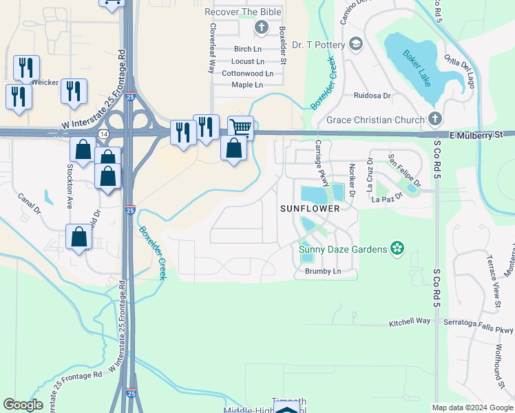 map of restaurants, bars, coffee shops, grocery stores, and more near 825 Vitala Drive in Fort Collins