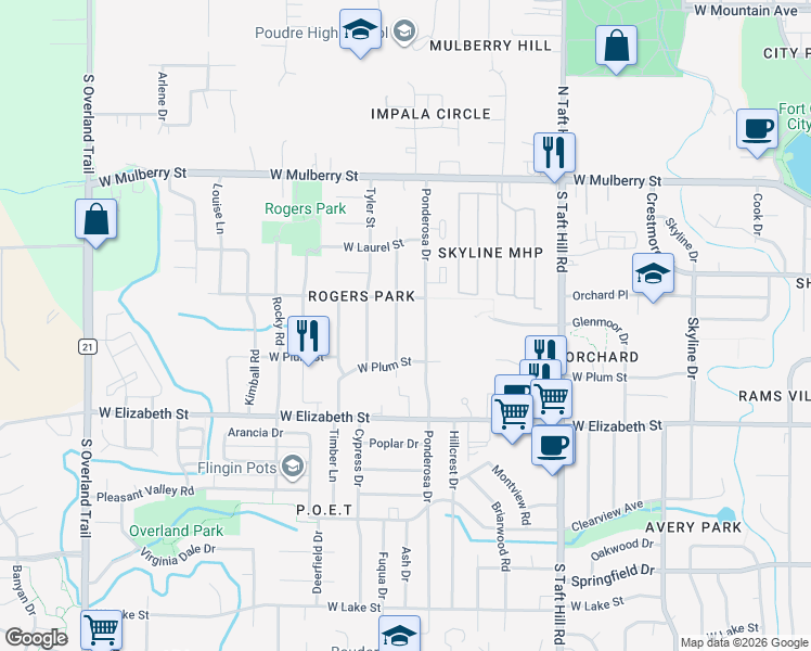 map of restaurants, bars, coffee shops, grocery stores, and more near 804 Gallup Road in Fort Collins