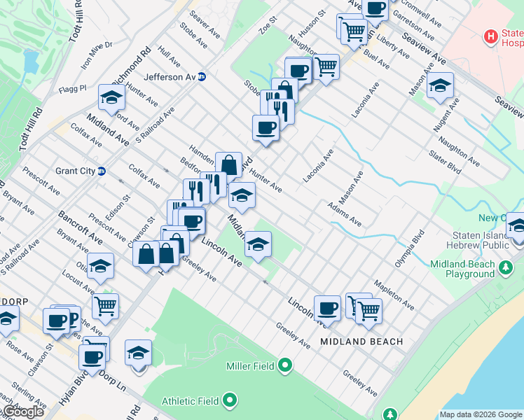 map of restaurants, bars, coffee shops, grocery stores, and more near 317 Bedford Avenue in Staten Island