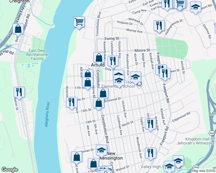 map of restaurants, bars, coffee shops, grocery stores, and more near 1742 Kenneth Avenue in Arnold