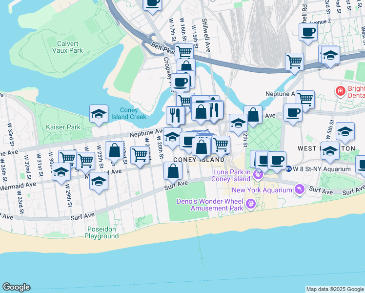 map of restaurants, bars, coffee shops, grocery stores, and more near 2840 West 16th Street in Brooklyn