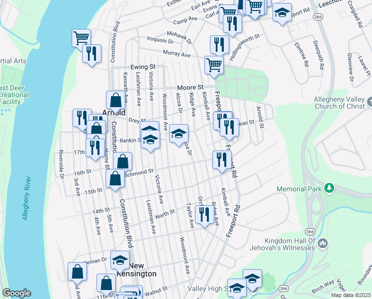 map of restaurants, bars, coffee shops, grocery stores, and more near 1701 Alcoa Drive in New Kensington