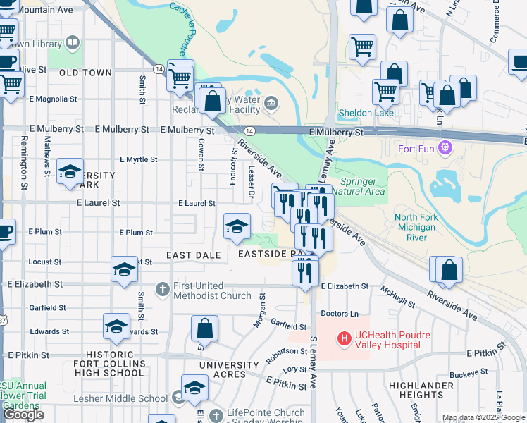 map of restaurants, bars, coffee shops, grocery stores, and more near 1005 East Laurel Street in Fort Collins