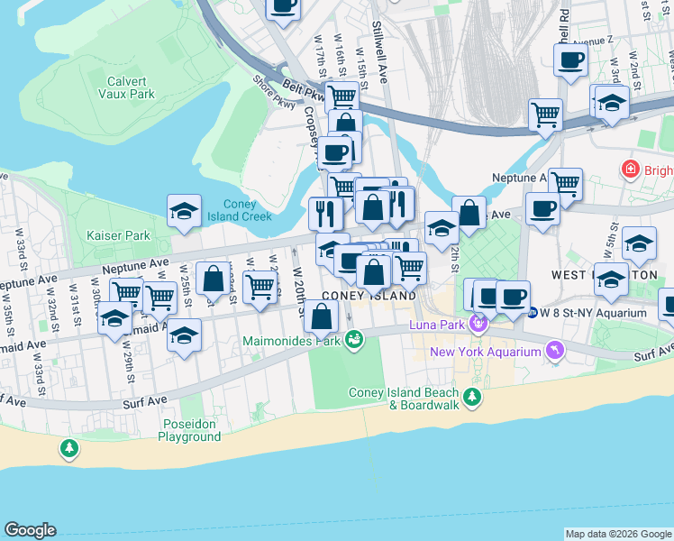 map of restaurants, bars, coffee shops, grocery stores, and more near 2840 West 16th Street in Brooklyn