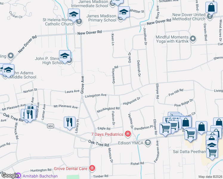 map of restaurants, bars, coffee shops, grocery stores, and more near 5 Greenwich Road in Edison