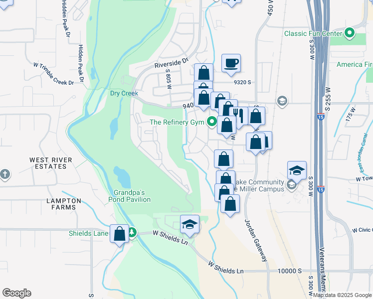 map of restaurants, bars, coffee shops, grocery stores, and more near 9598 Hidden Point Drive in Sandy