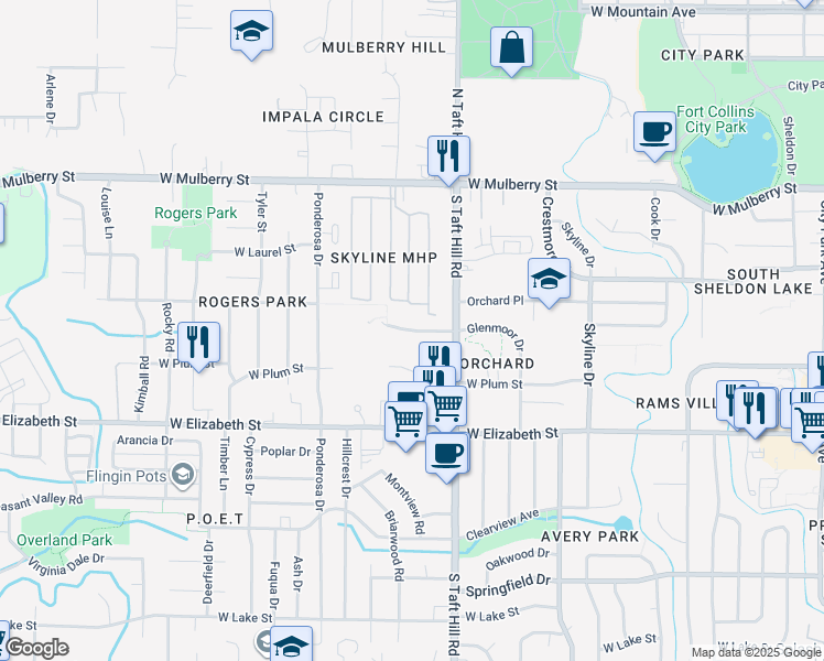 map of restaurants, bars, coffee shops, grocery stores, and more near 2200 Orchard Place in Fort Collins