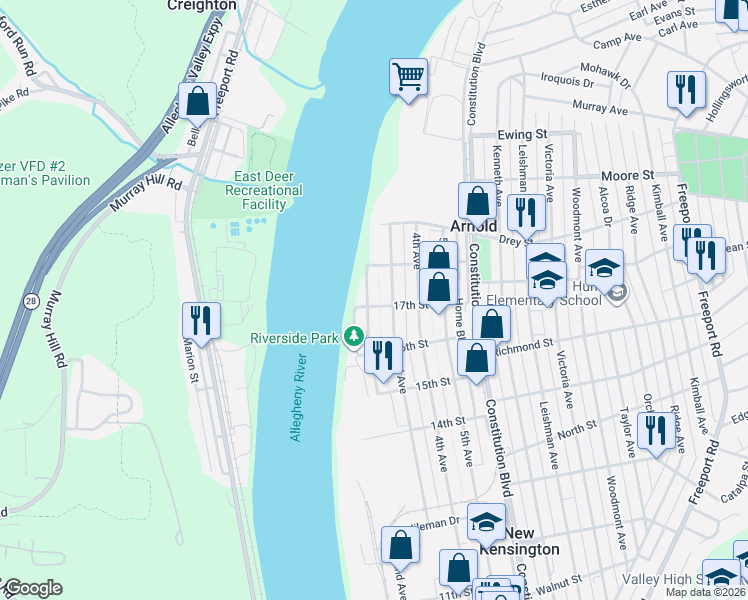 map of restaurants, bars, coffee shops, grocery stores, and more near 1716 Riverside Drive in Arnold
