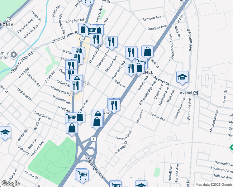 map of restaurants, bars, coffee shops, grocery stores, and more near 133 Minna Avenue in Woodbridge Township