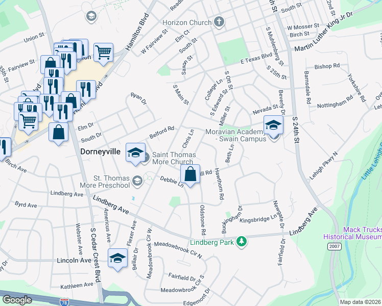map of restaurants, bars, coffee shops, grocery stores, and more near 945 Chris Lane in Allentown