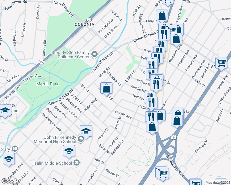 map of restaurants, bars, coffee shops, grocery stores, and more near 180 East Cliff Road in Woodbridge Township