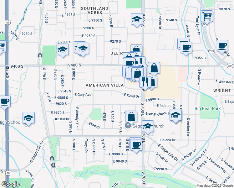 map of restaurants, bars, coffee shops, grocery stores, and more near 568 East Floyd Drive in Sandy
