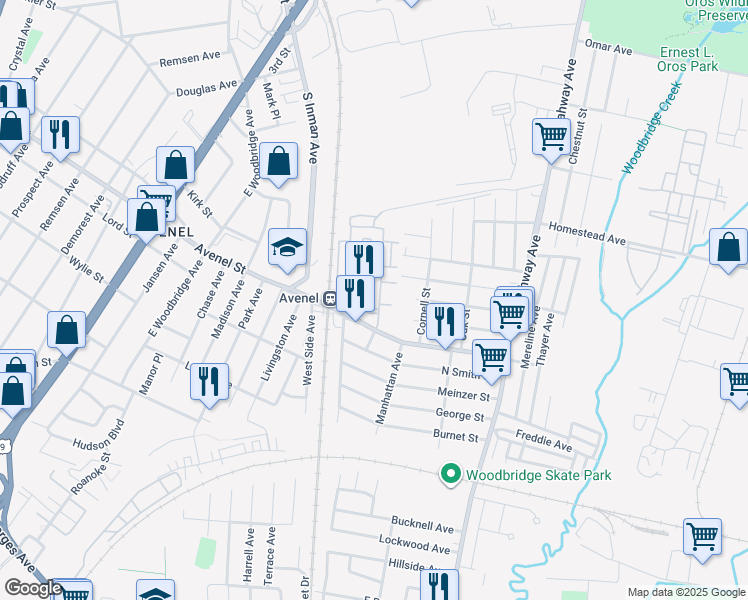 map of restaurants, bars, coffee shops, grocery stores, and more near 300 Station Drive in Woodbridge Township