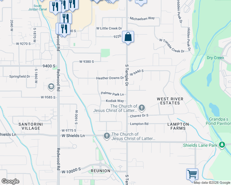 map of restaurants, bars, coffee shops, grocery stores, and more near 1404 Palmer Park Lane in South Jordan