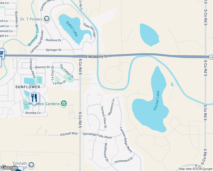 map of restaurants, bars, coffee shops, grocery stores, and more near 701 Boulder Circle in Fort Collins