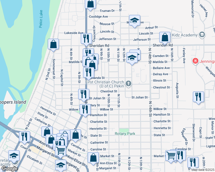 map of restaurants, bars, coffee shops, grocery stores, and more near 1205 North 10th Street in Pekin