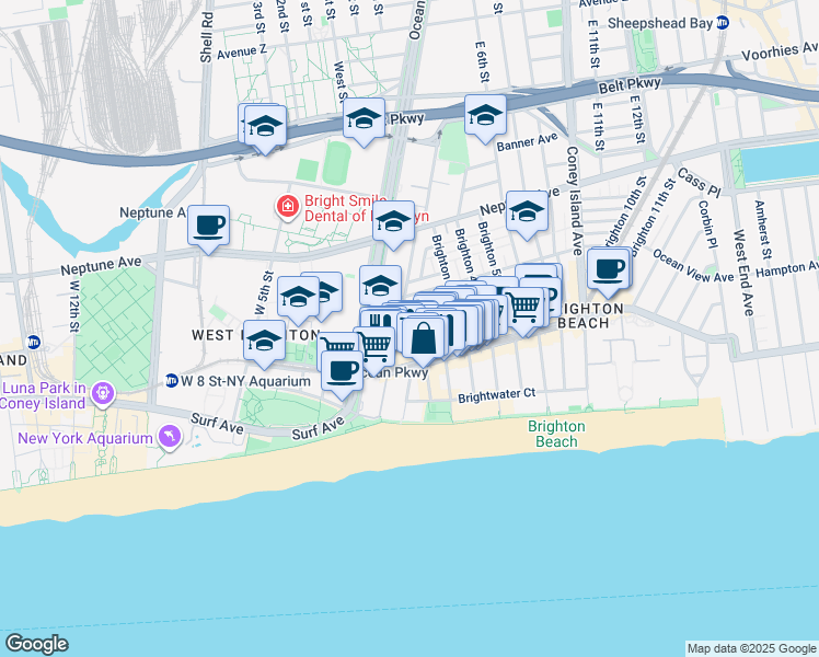 map of restaurants, bars, coffee shops, grocery stores, and more near 20 Brighton 1st Walk in Brooklyn