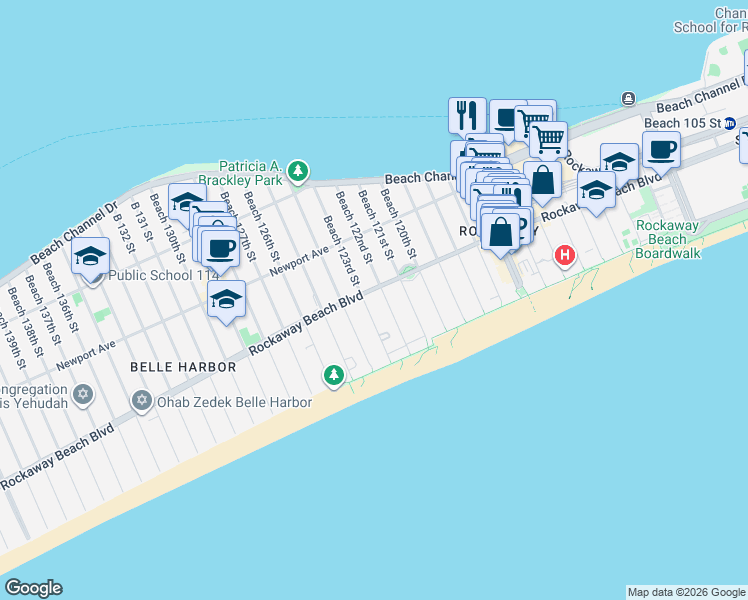 map of restaurants, bars, coffee shops, grocery stores, and more near 1-88 Beach 123rd Street in Queens