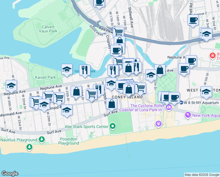map of restaurants, bars, coffee shops, grocery stores, and more near 2825 West 19th Street in Brooklyn