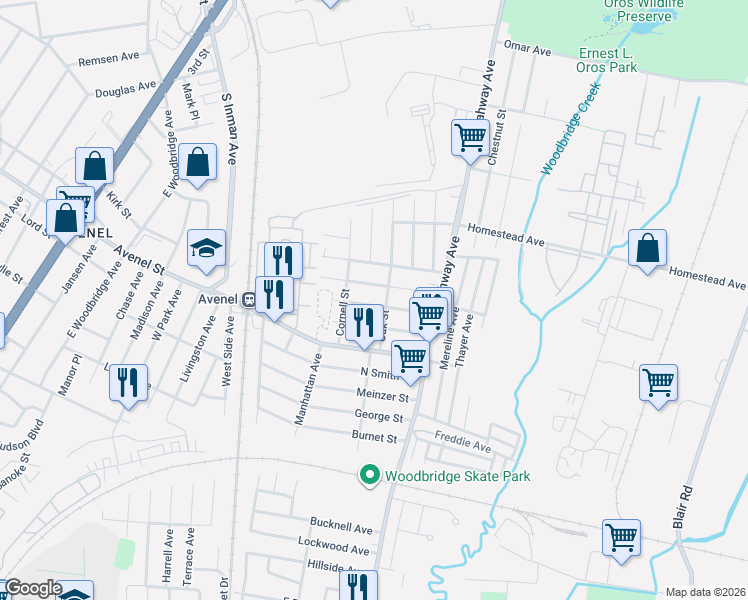 map of restaurants, bars, coffee shops, grocery stores, and more near 67 Lehigh Avenue in Woodbridge Township