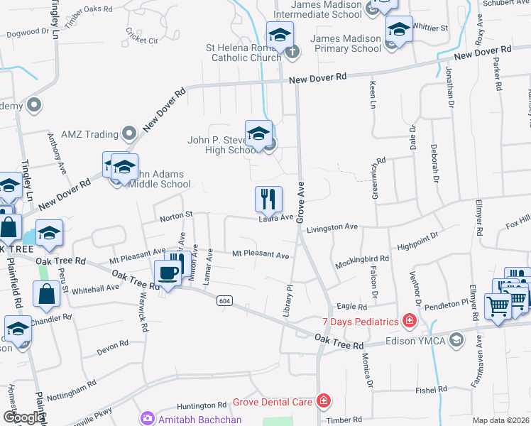 map of restaurants, bars, coffee shops, grocery stores, and more near 61 Laura Avenue in Edison
