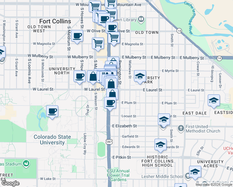 map of restaurants, bars, coffee shops, grocery stores, and more near 705 Remington Street in Fort Collins