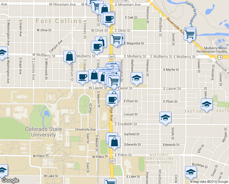 map of restaurants, bars, coffee shops, grocery stores, and more near 107 East Laurel Street in Fort Collins