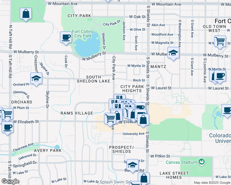 map of restaurants, bars, coffee shops, grocery stores, and more near 710 City Park Avenue in Fort Collins