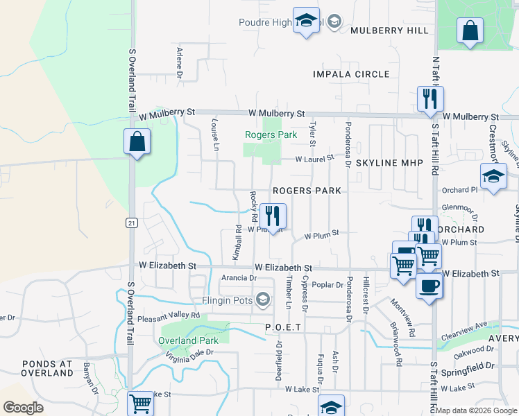 map of restaurants, bars, coffee shops, grocery stores, and more near 808 Rocky Road in Fort Collins